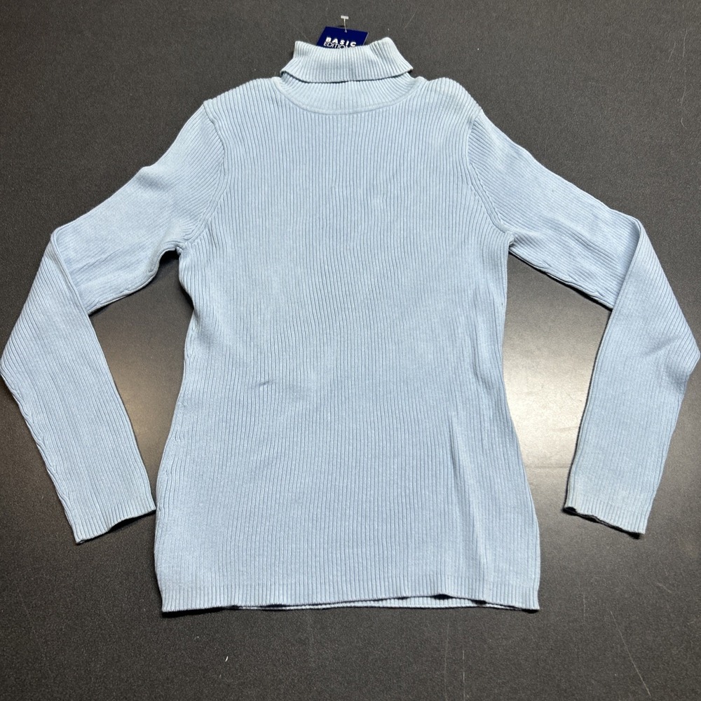 VTG Light Blue Ribbed Knit Pullover Sweater Turtleneck Women's Size L Y2K Cotton